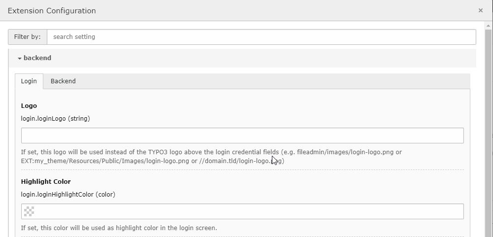 Configuration screen for the backend extension