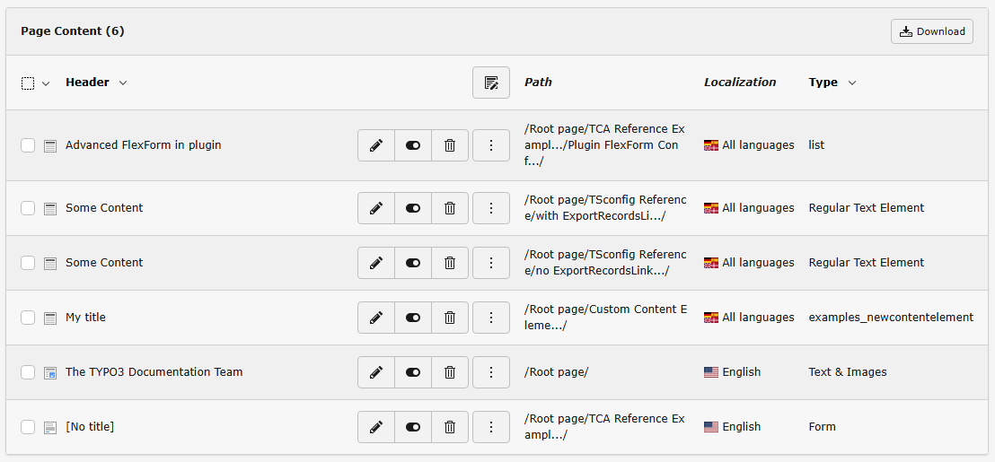 Screenshot of a table of content elements with edit options.