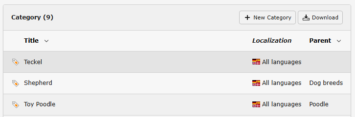 Screenshot of a table of categories.